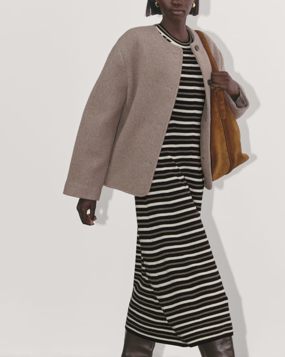 The Ribbed Sweater Dress in Taupe / Canvas / Black — detail view