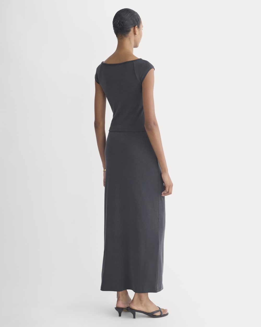 Boatneck Cap-Sleeve Top in Butterknit in Black — detail view