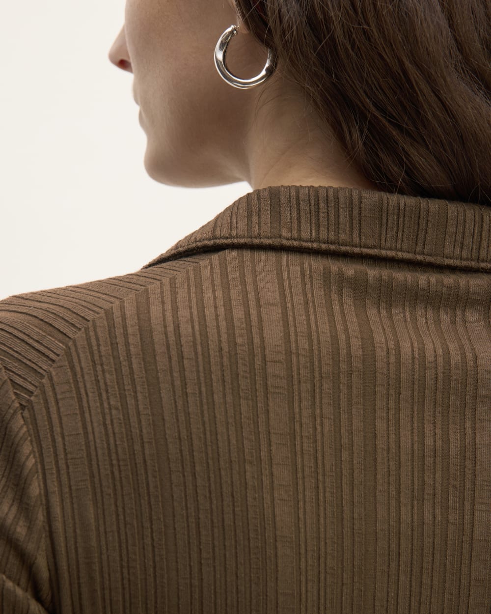 The Rib Soft Knit Open Collar Polo in Cocoa — detail view