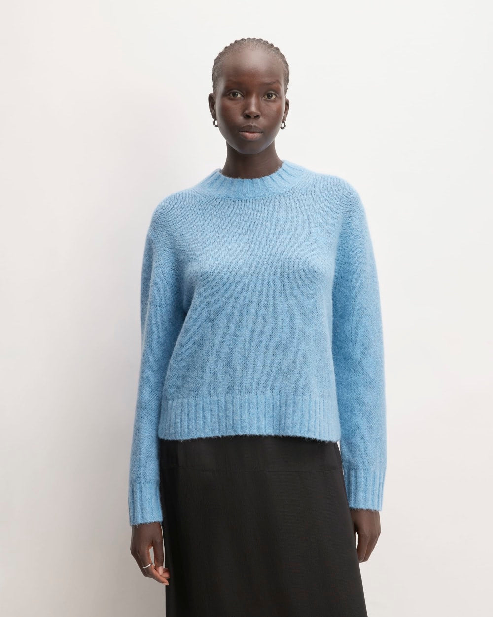 The Alpaca Cropped Crewneck Sweater in Heritage Blue — front view