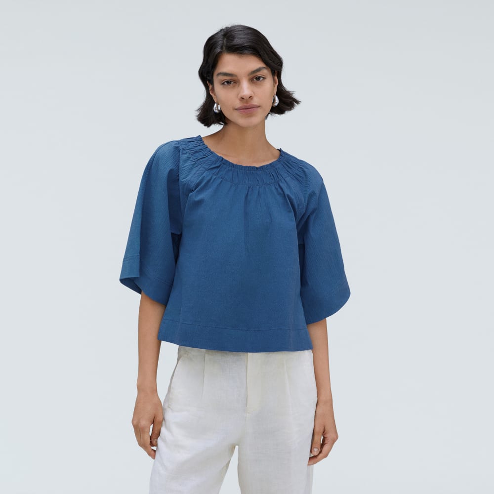 The Seersucker Gathered Tee in Deep Blue — alternate view