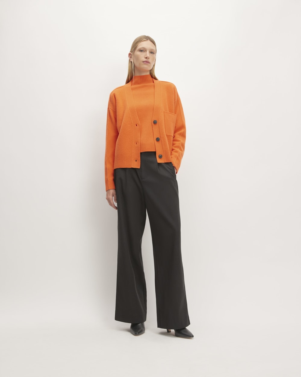 The Good Merino Wool Cardigan in Orange — detail view