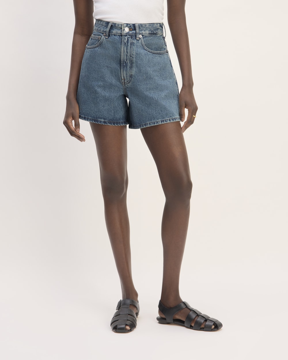 The A-Line Denim Short in Mid Blue — detail view