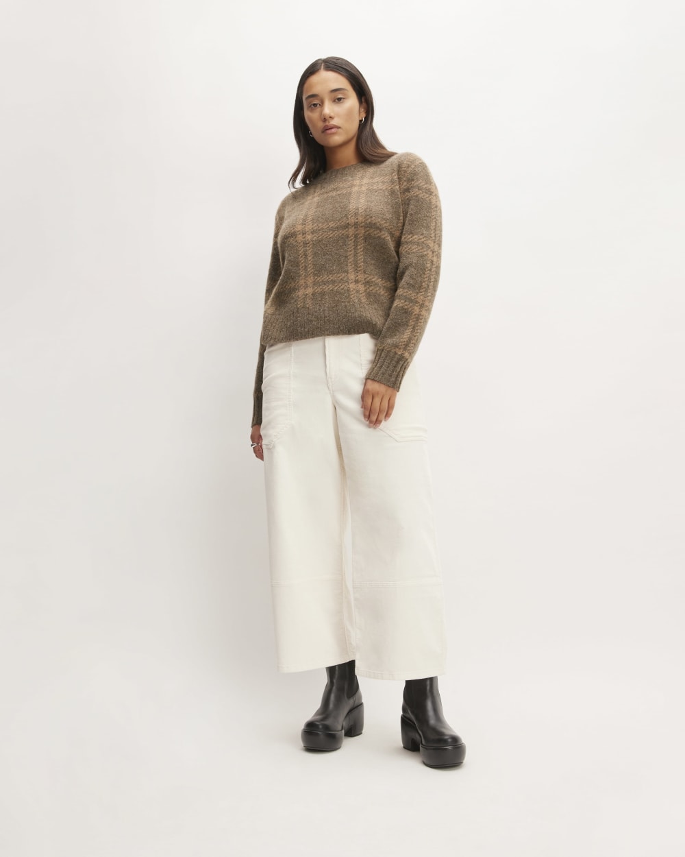 The Alpaca Cropped Crewneck Sweater in Cocoa / Tiger's Eye — detail view