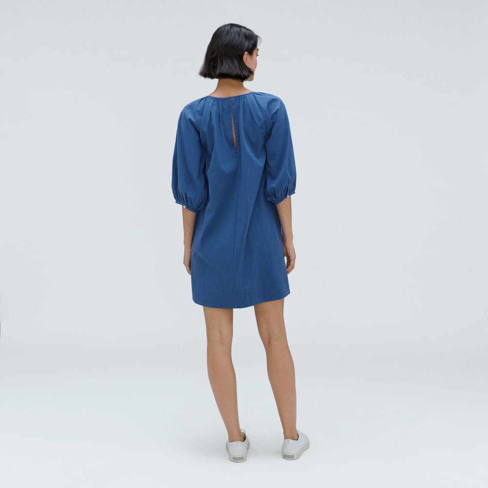 The Seersucker Puff Sleeve Dress in Deep Blue — detail view