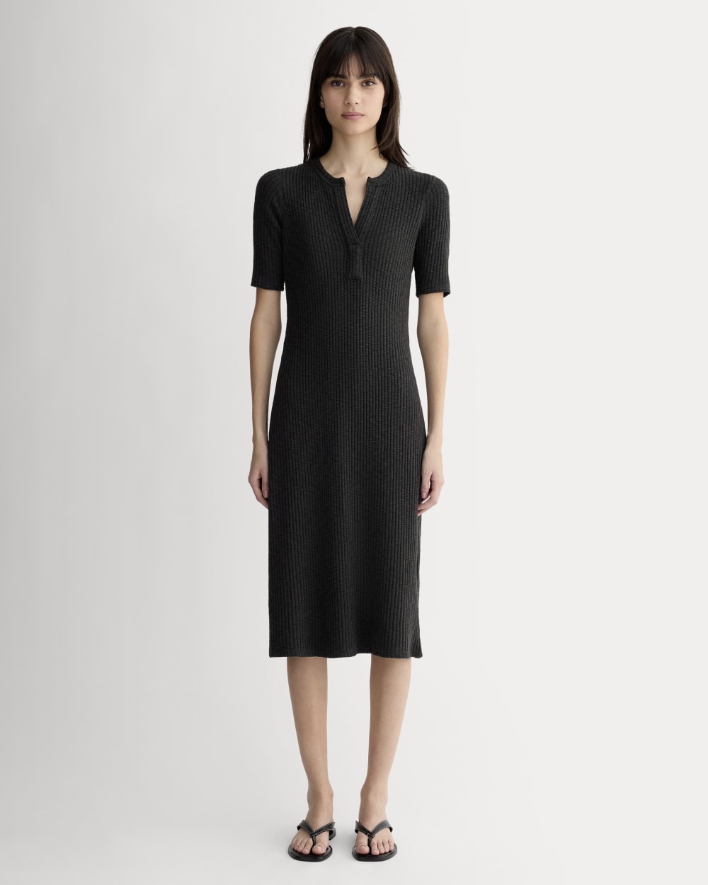 The Rib-Knit Henley Dress in Black — front view