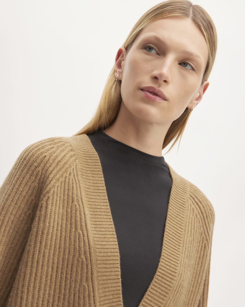 The Felted Merino Cocoon Cardigan in Deep Camel — detail view