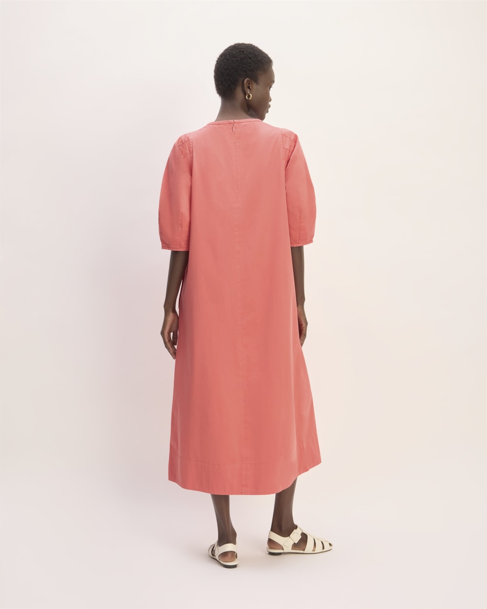 The Short-Sleeve Puff Midi Dress in Coral — detail view