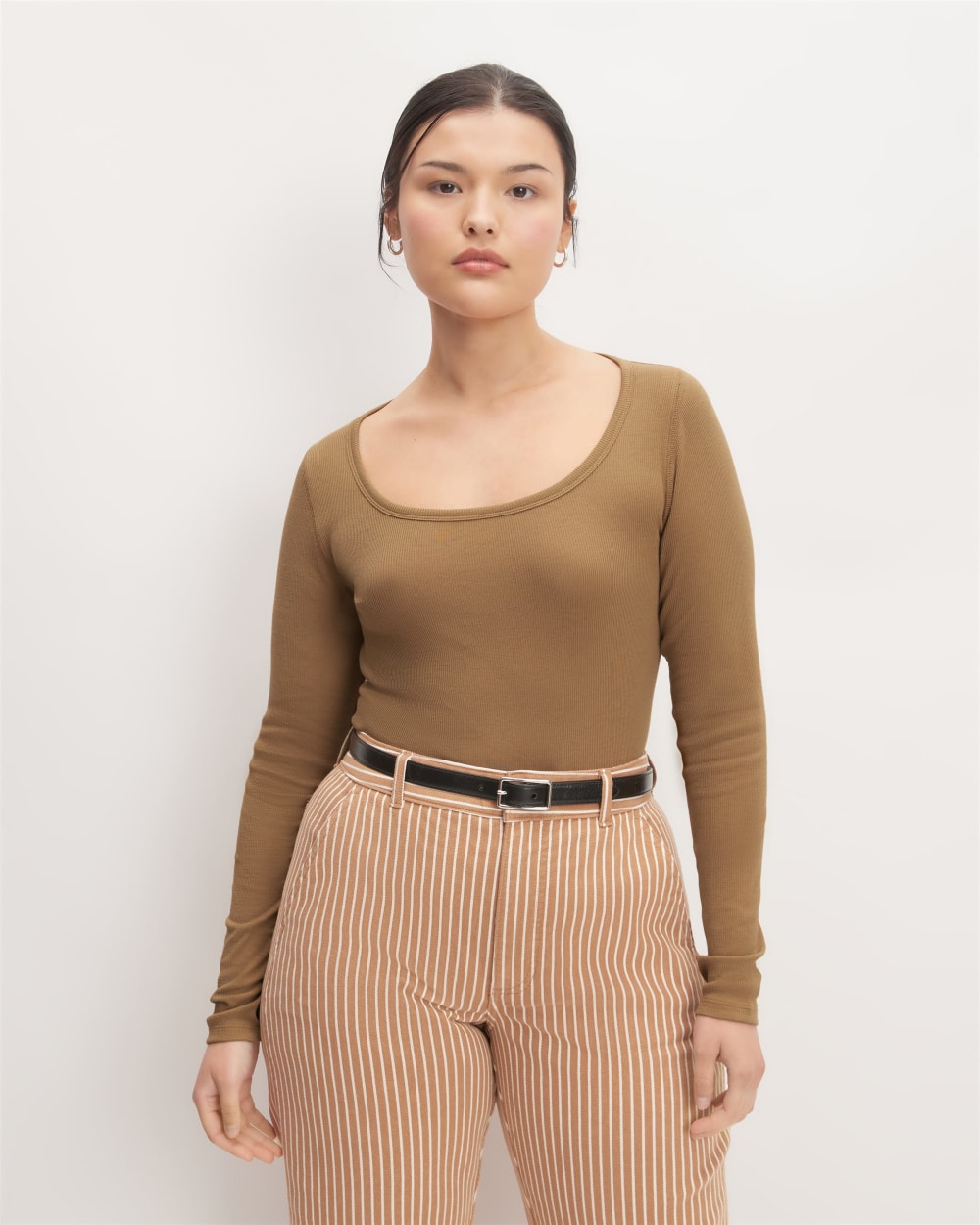 The Luxe Rib Long-Sleeve Scoop-Neck Tee in Toasted Coconut — front view