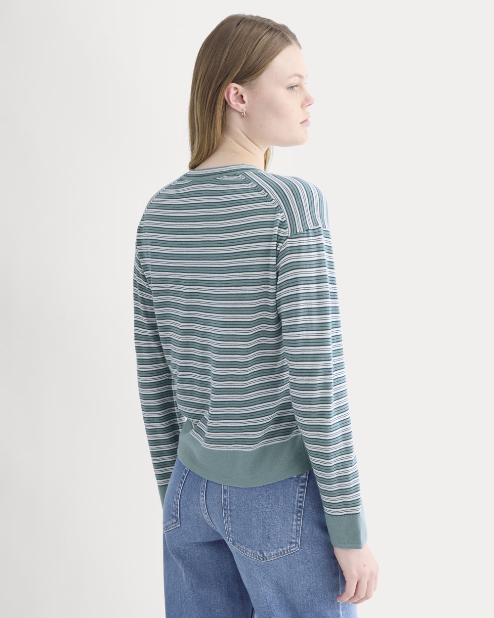 Crew Cardigan in Ultrasoft Merino in Reflecting Pond Multi Stripe — detail view
