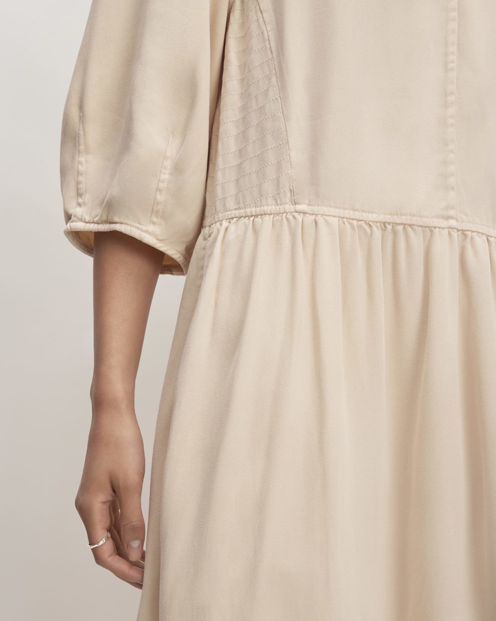 The TENCEL™ Puff-Sleeve Dress in Whisper Pink — detail view