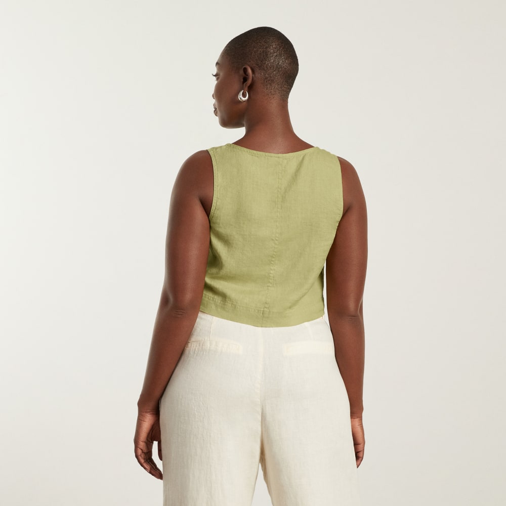 The Linen Button-Front Crop Tank in Leek — detail view