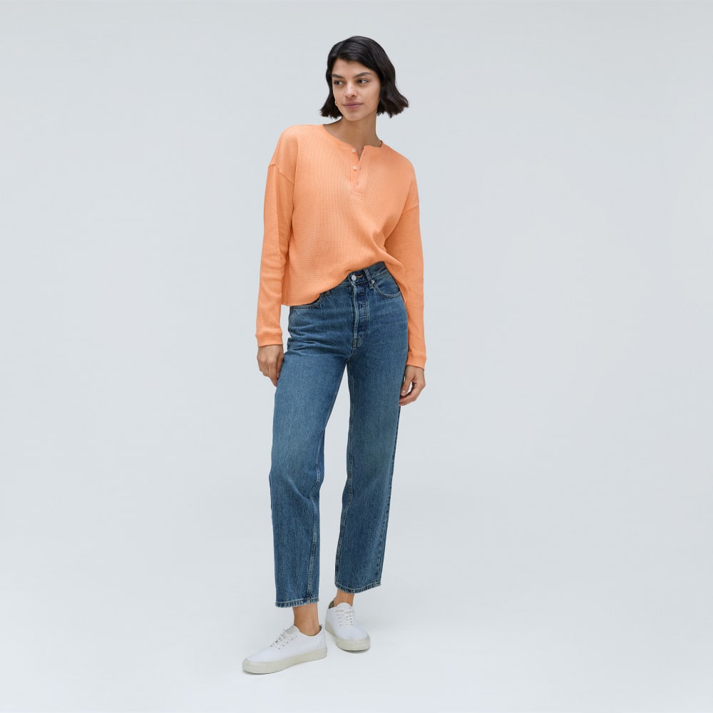 The Organic Cotton Waffle Henley in Orange Chiffon — detail view