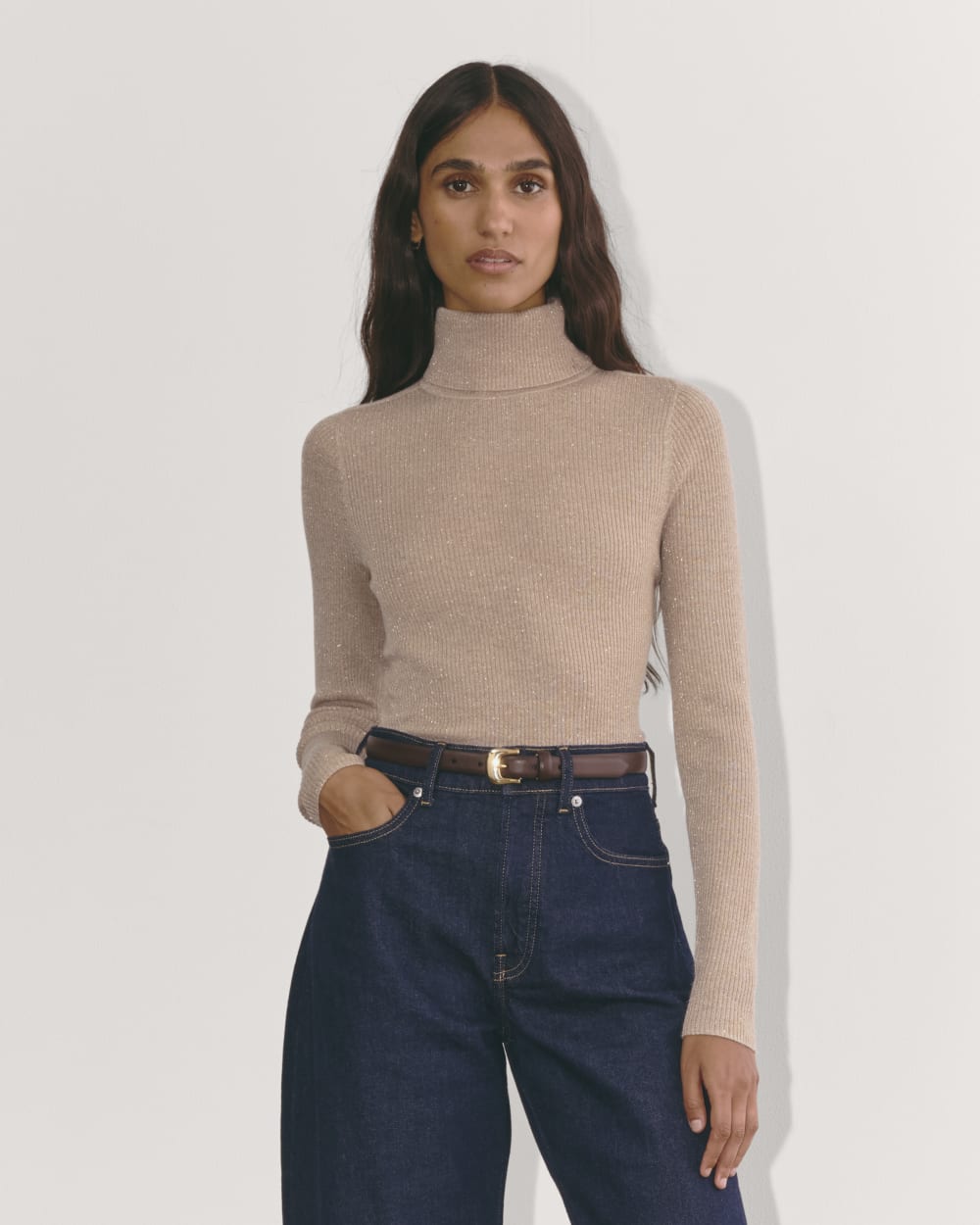 The Turtleneck in Lurex Merino in Rose Gold — front view