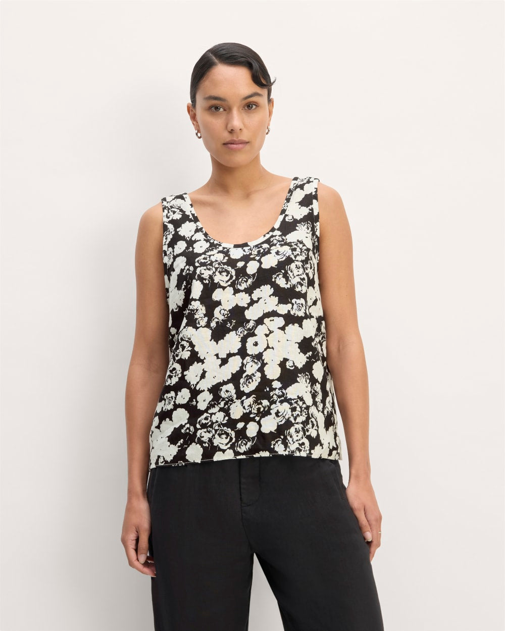 The Scoop Tank in Linen in Black / Bone Floral — front view