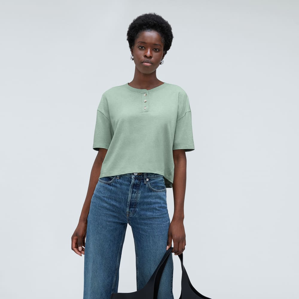 The Vintage Henley Hemp Tee in White Sage — detail view