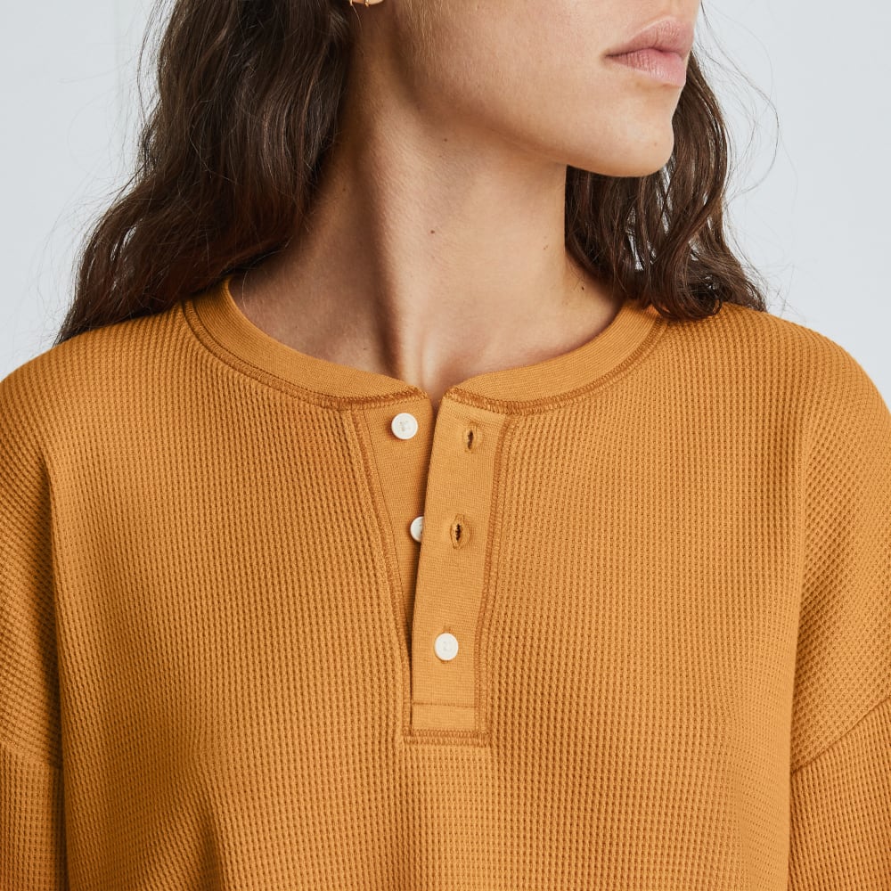 The Organic Cotton Waffle Henley in Burnt Orange — detail view