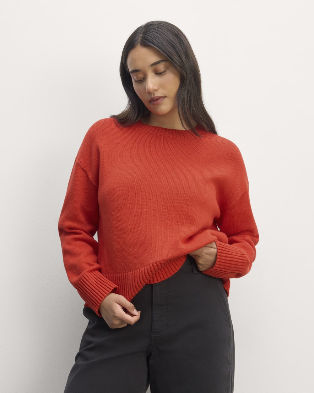 The Boxy Sweater in Everyday Cotton in Poppy Red — front view
