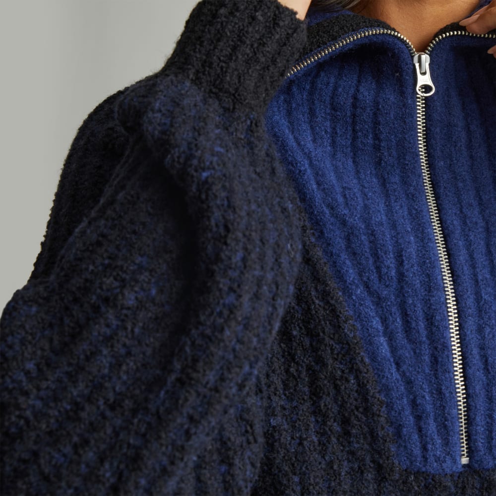 The Luxe Teddy Oversized Half Zip Sweater in Black / Ocean Cavern — detail view