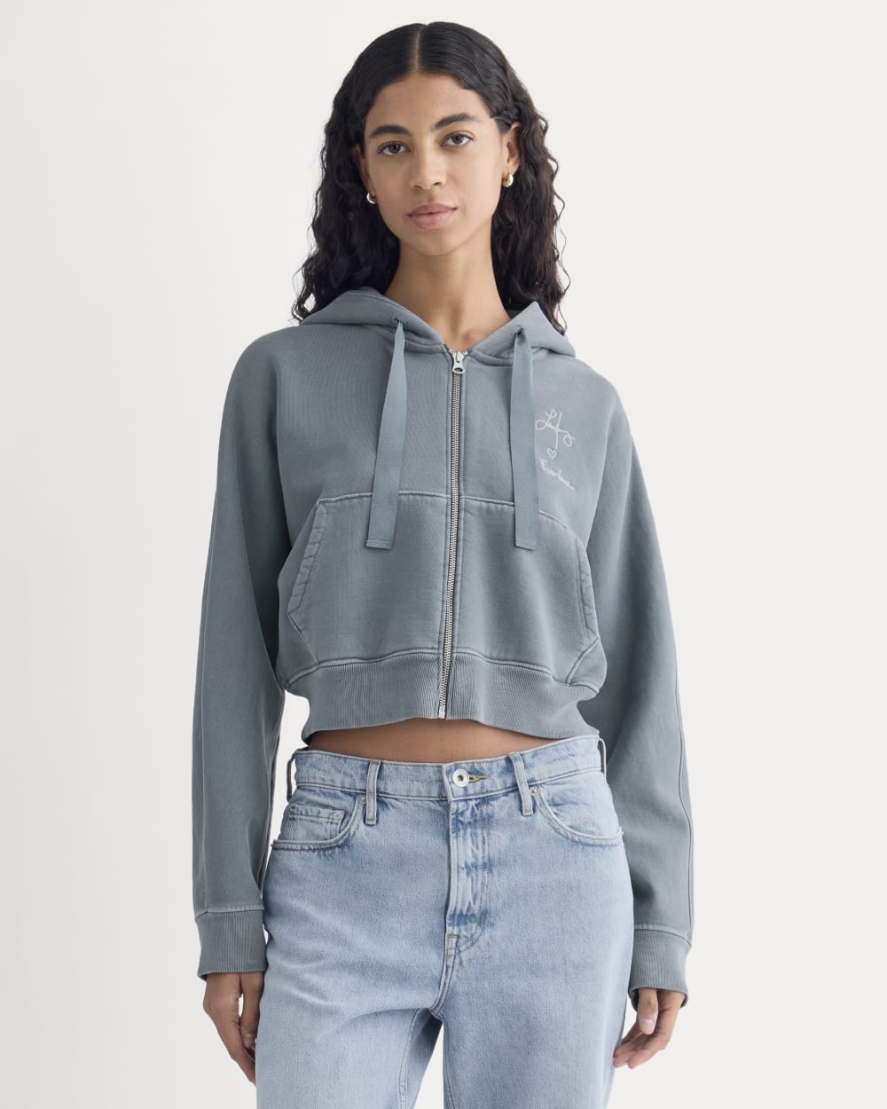 Everlane x The Laufey Foundation Cropped Full-Zip Hoodie in Vintage Indigo — front view