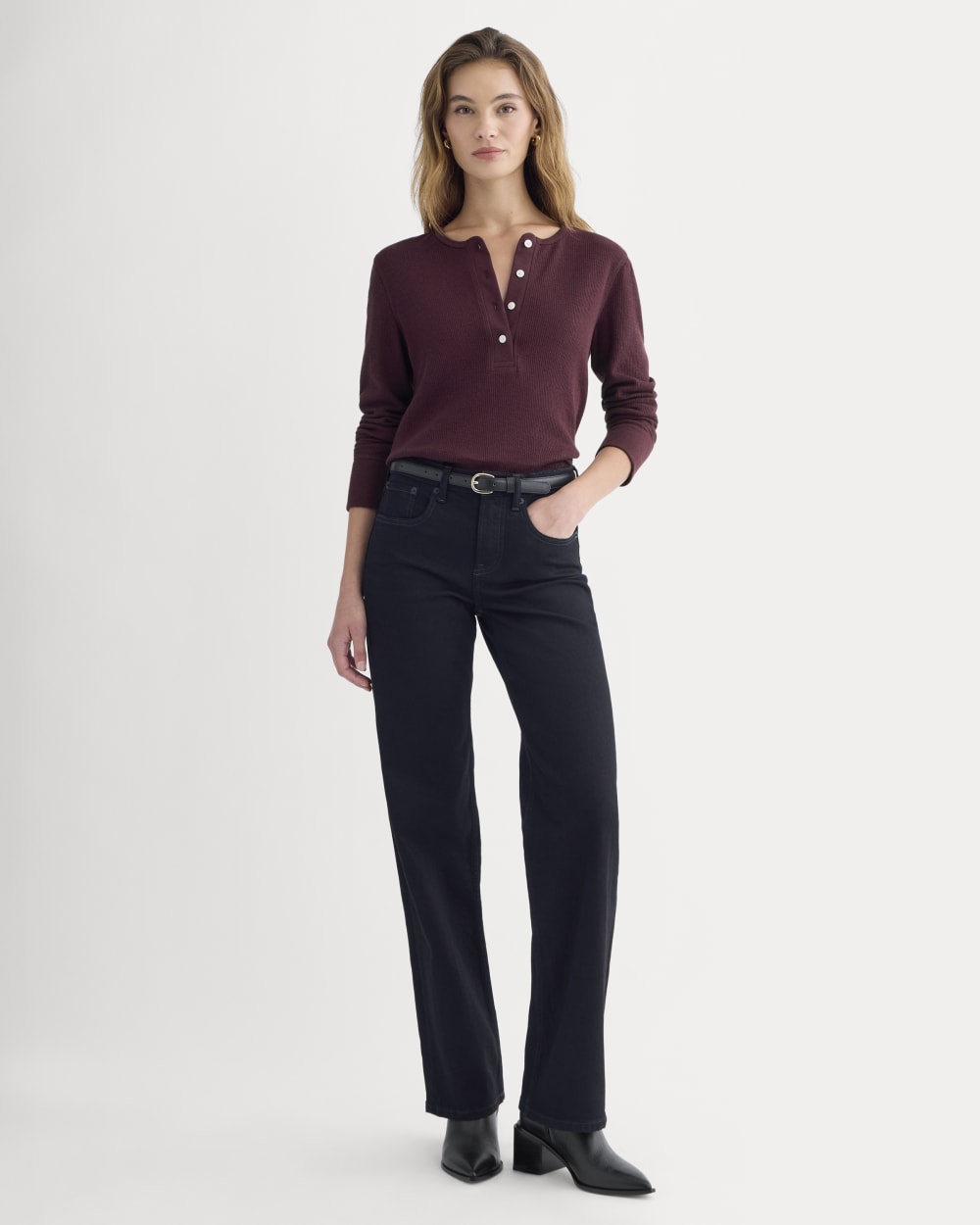 Boxy Henley in Cozy Waffle in Heathered Port Royale — detail view