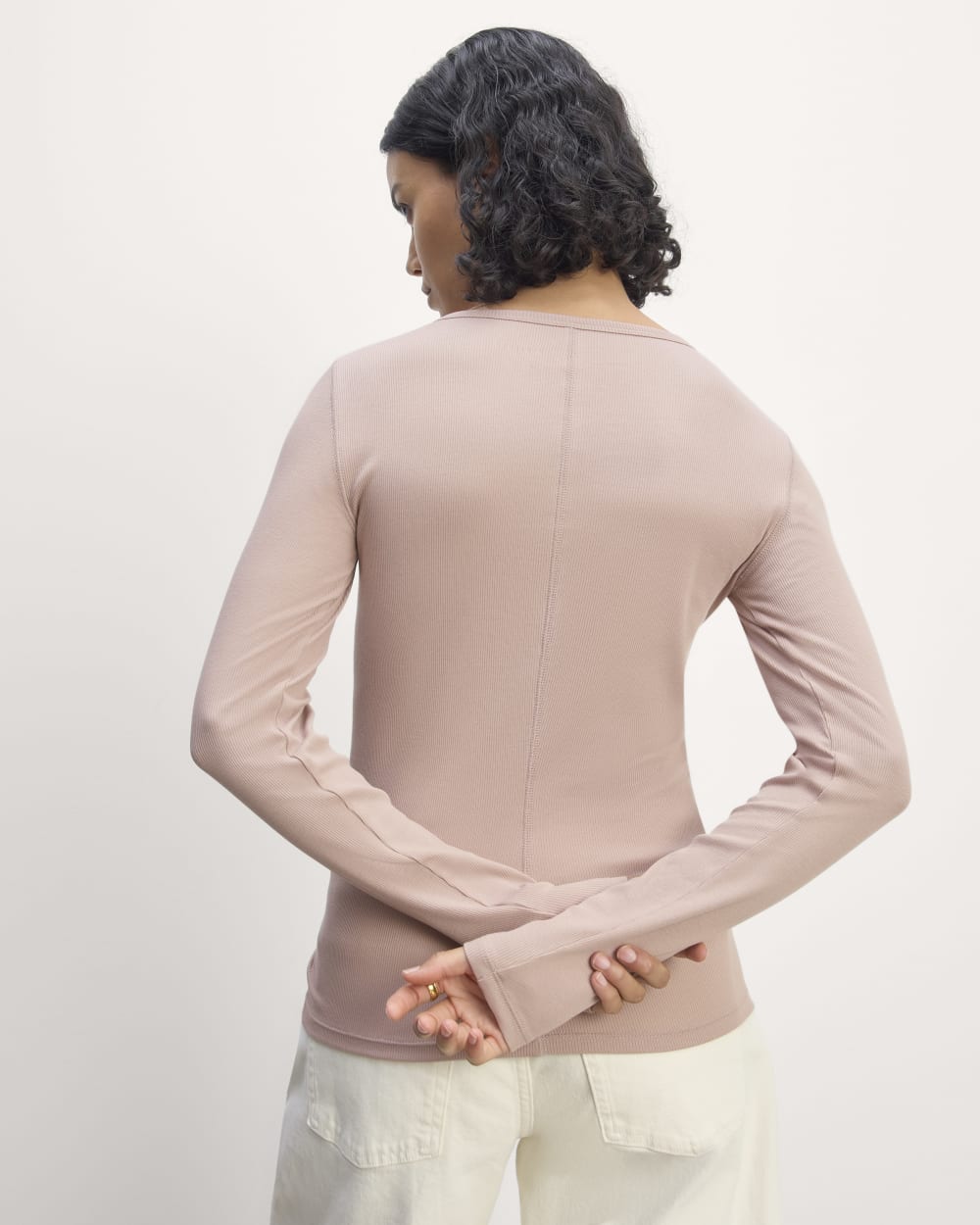 The Luxe Rib Long-Sleeve Crew in Dusty Rose — detail view