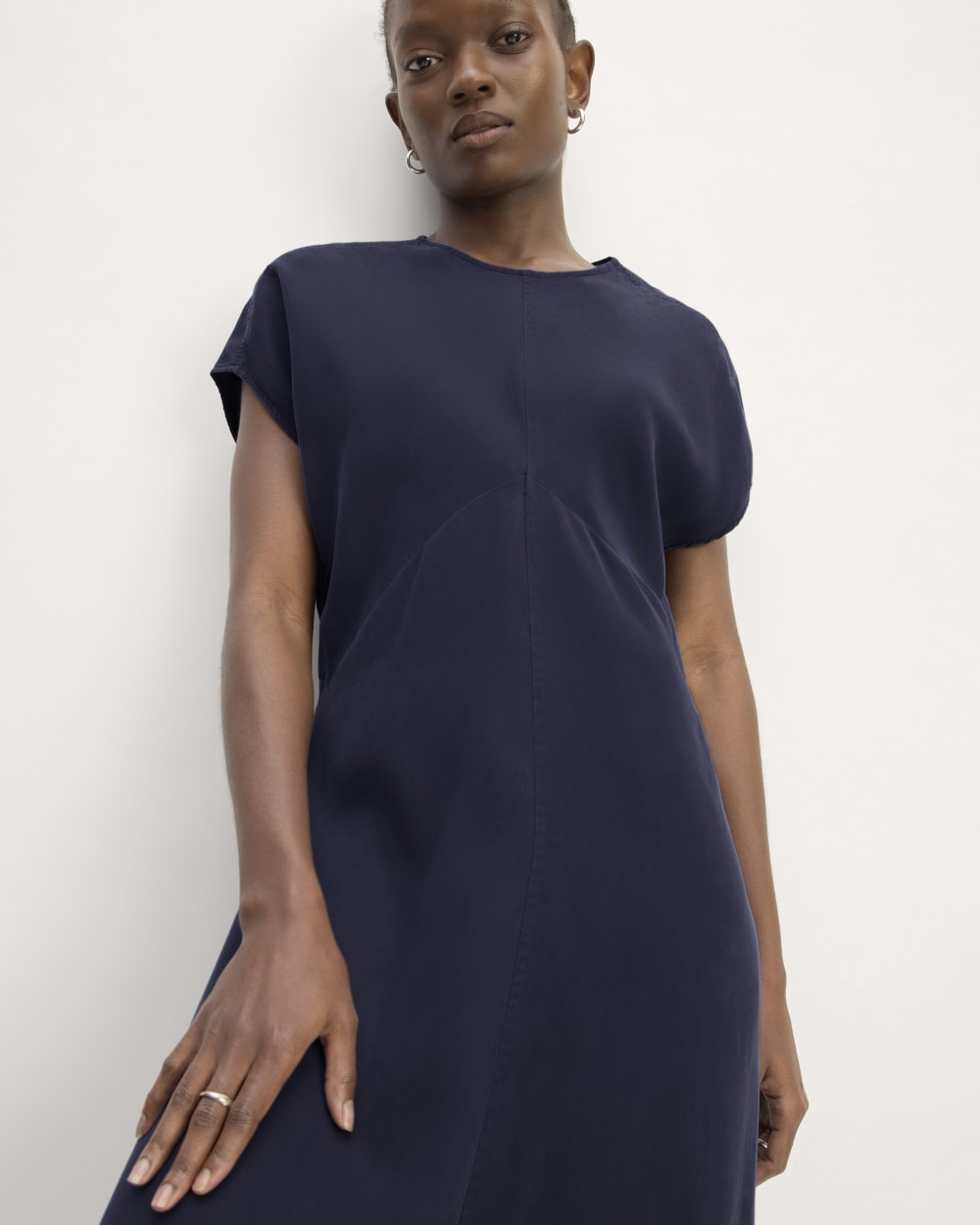The TENCEL™ Short-Sleeve Midi Dress in Navy — detail view