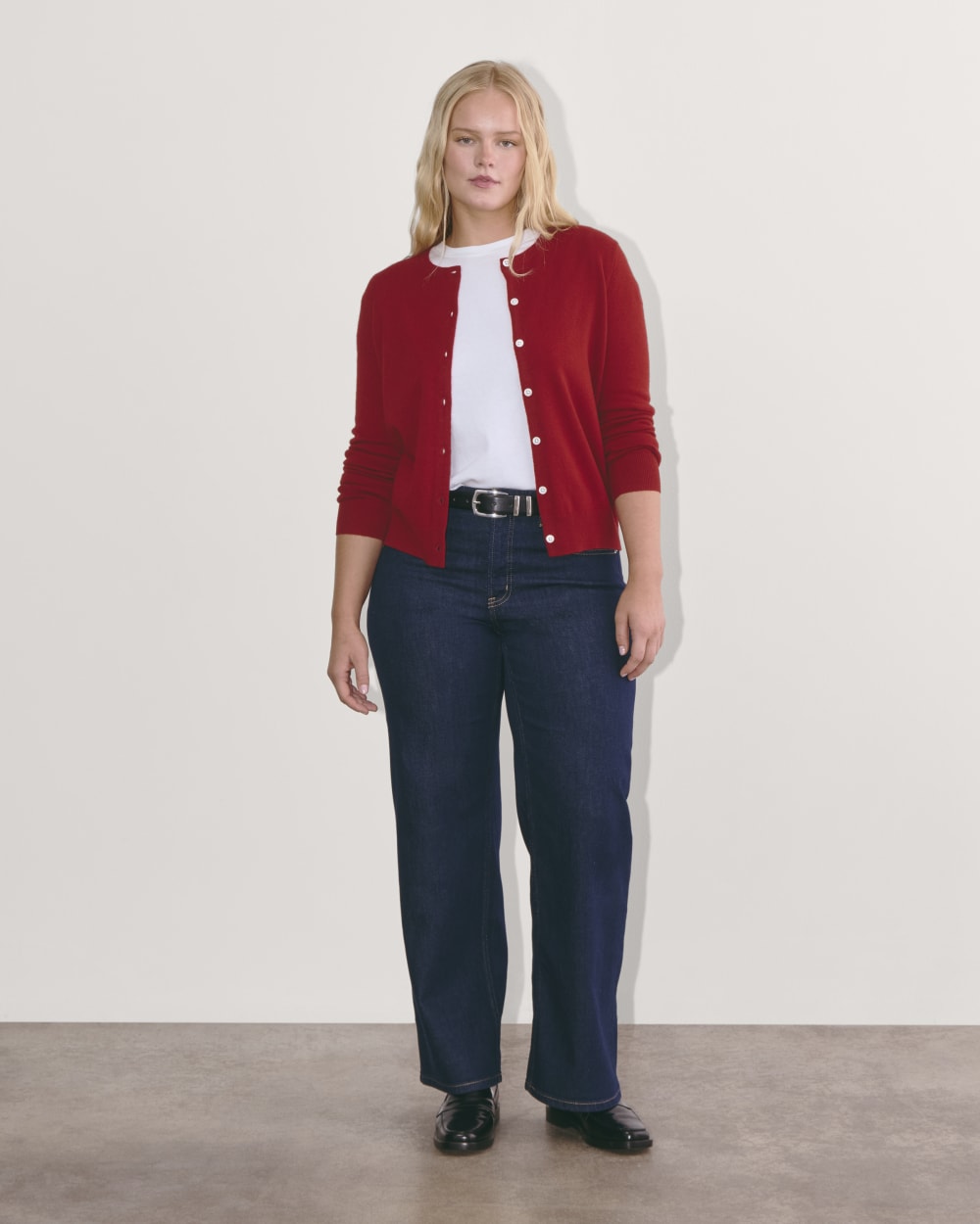 The Classic Cardigan in Cashmere in Berry Red — detail view
