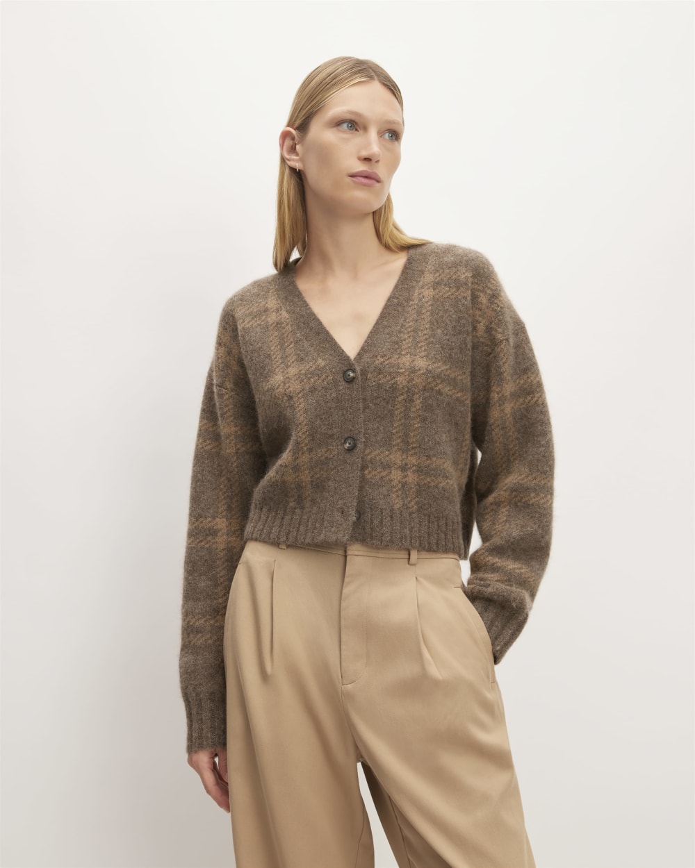 The Alpaca V-Neck Cropped Cardigan in Cocoa / Tiger's Eye — front view