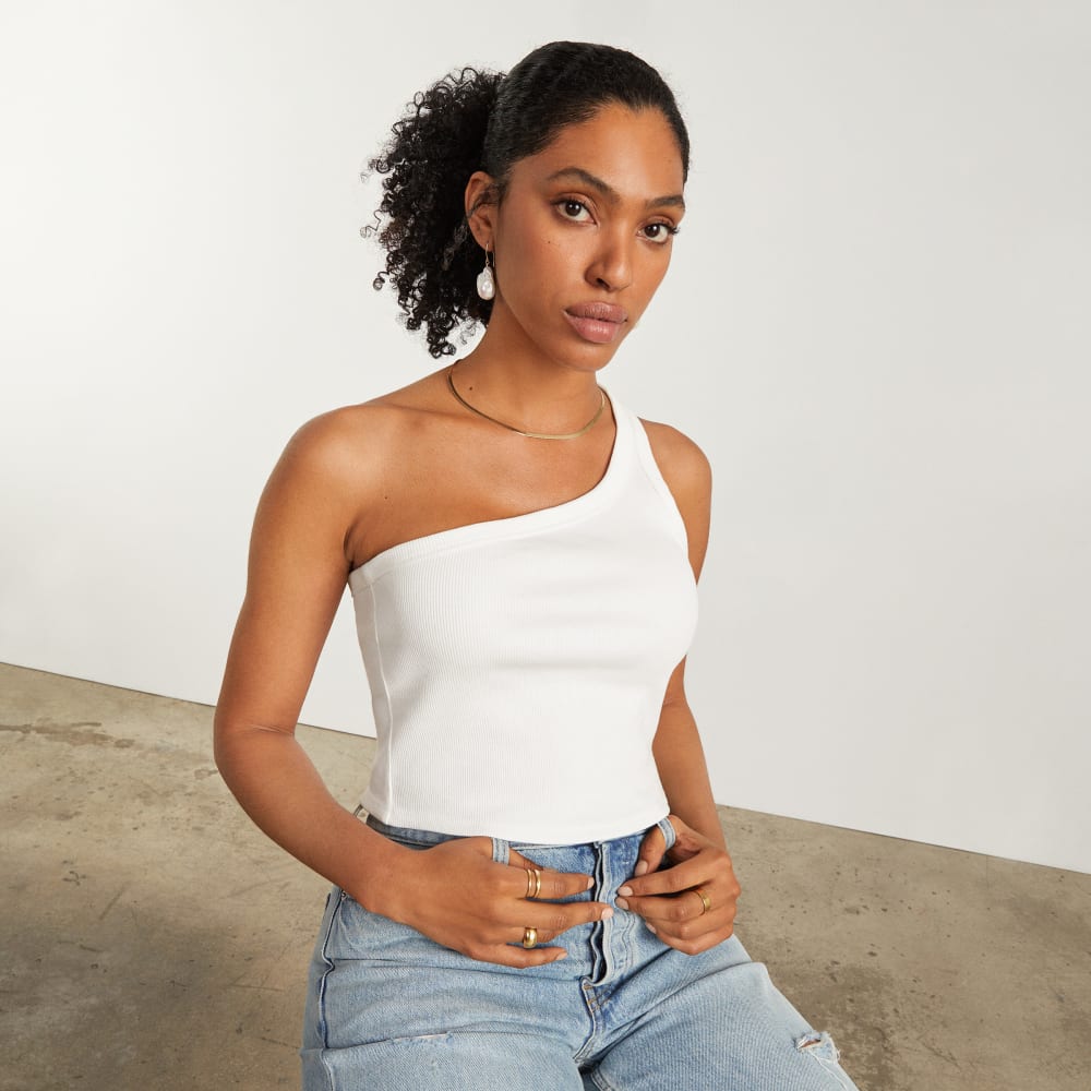The Ribbed One-Shoulder Tank in White — detail view