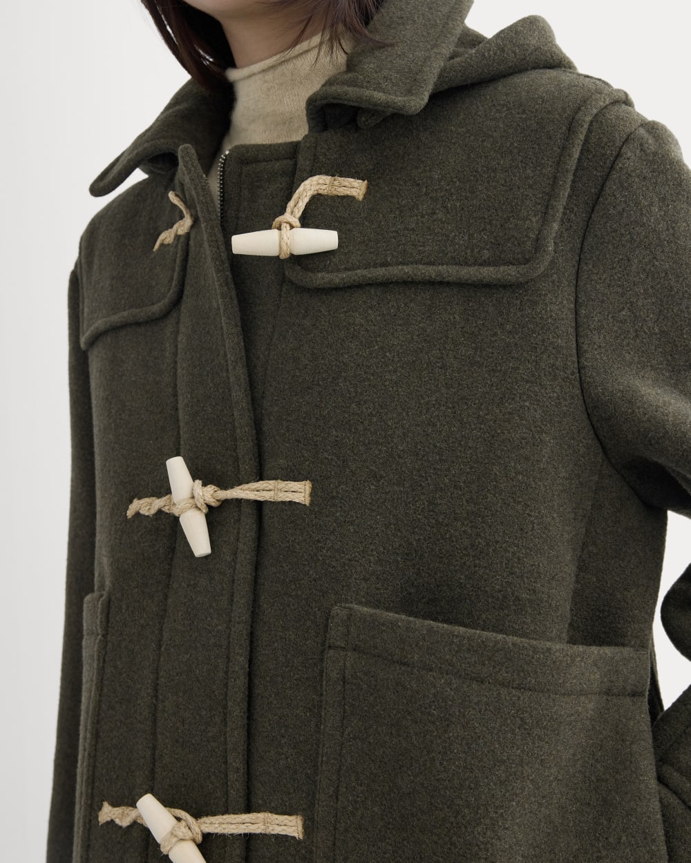 The ReWool Duffle Coat in Heather Beech — detail view