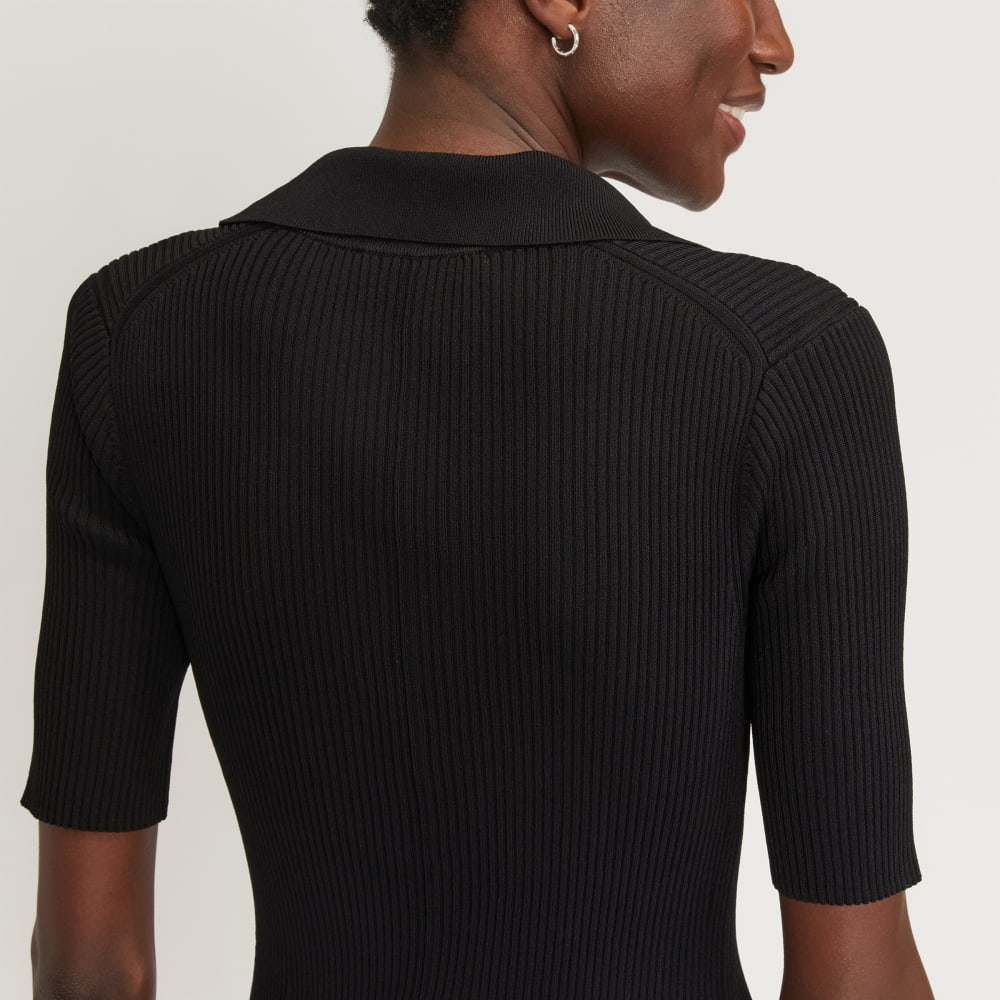 The Ribbed Short-Sleeve Polo Dress in Black — detail view