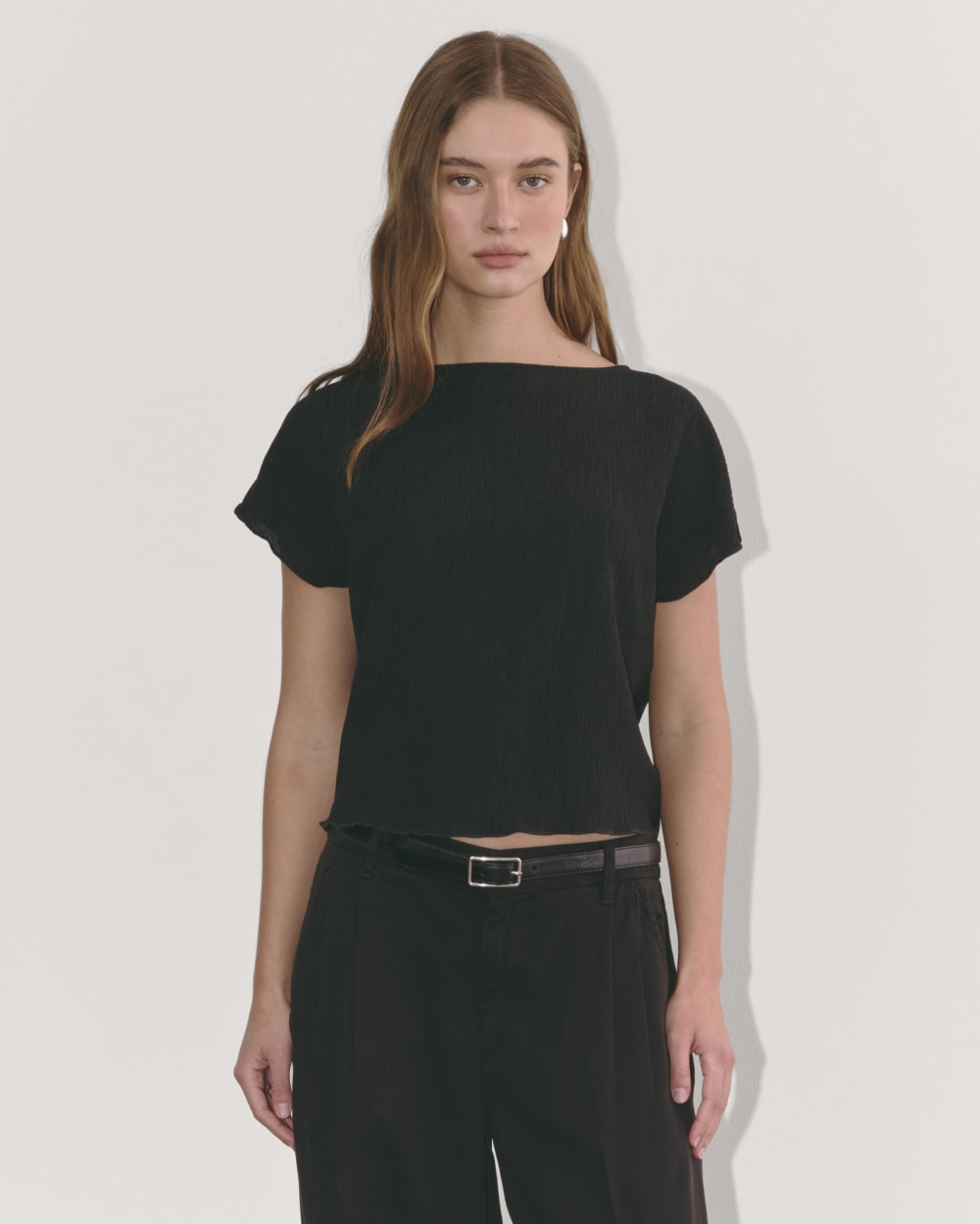The Crinkle Top in Black — front view