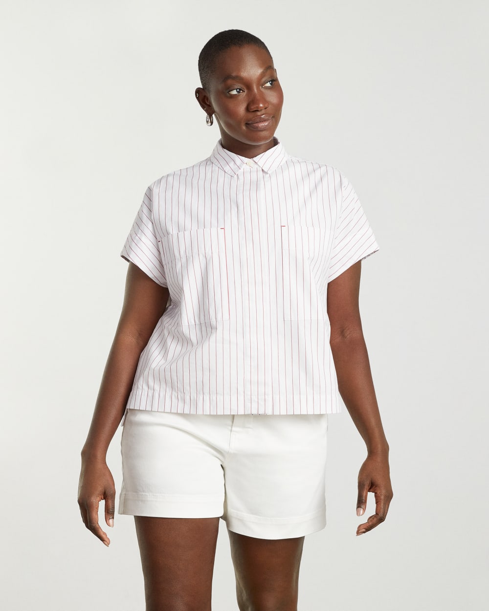 The Short-Sleeve Box Shirt in Red Pinstripe — detail view