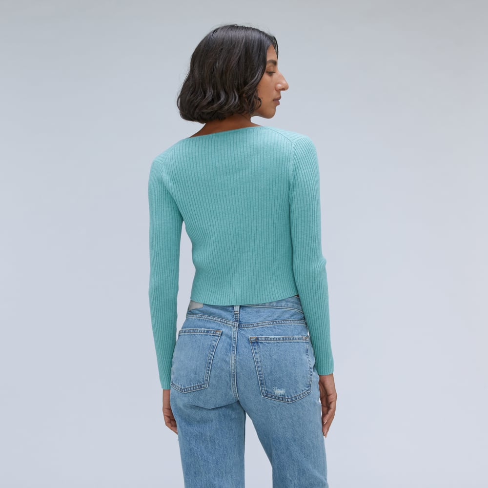 The Cotton-Merino Front-Tie Top in Deep Turquoise — detail view