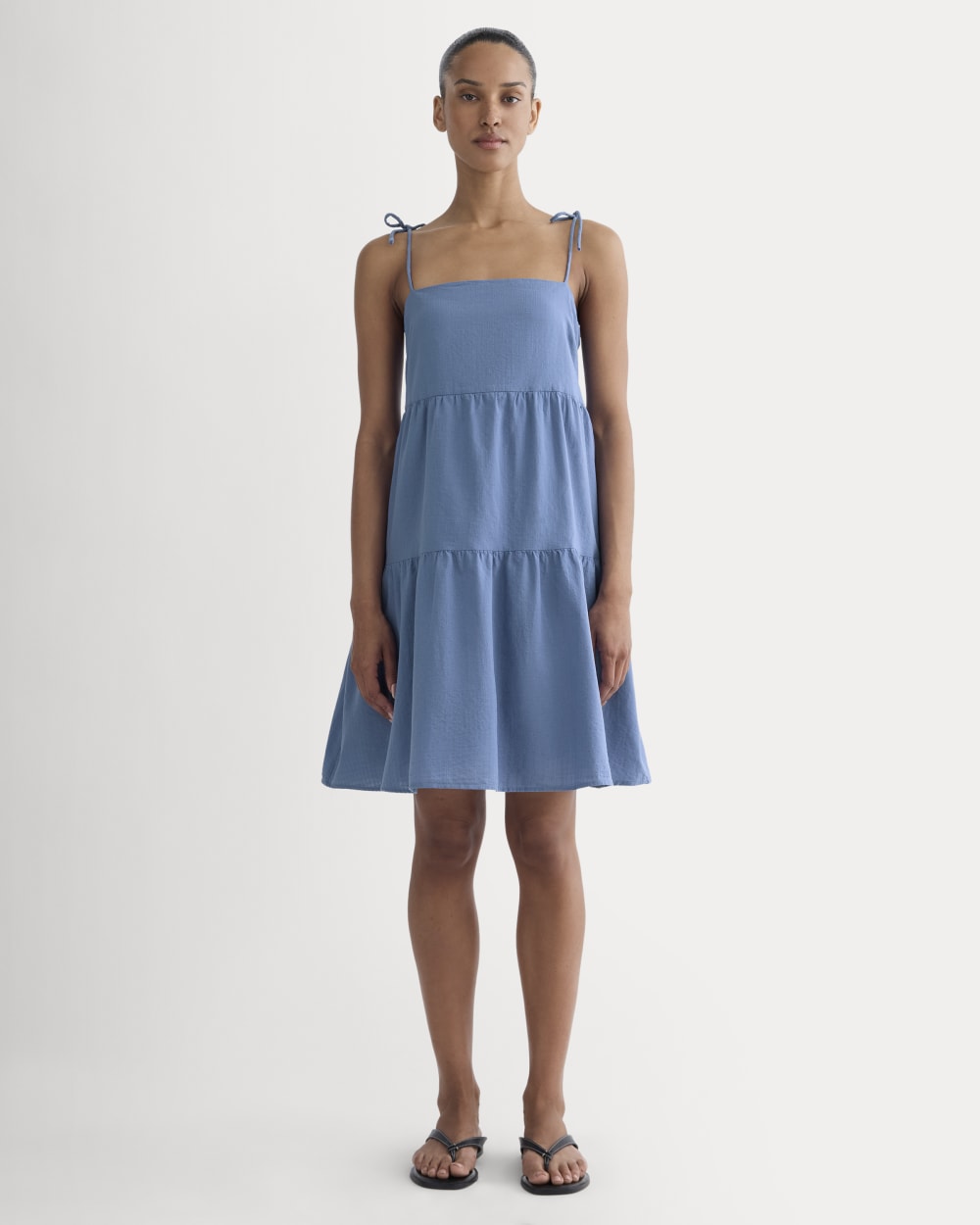 The Gauze Mini Tiered Dress in Soft Cobalt — front view