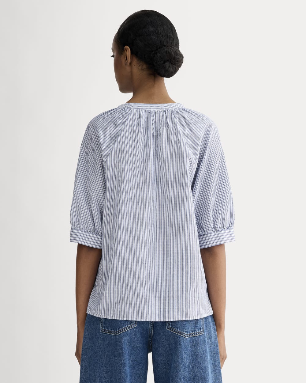 The Gauze Gathered Top in Mazarine Blue / Optic White — detail view