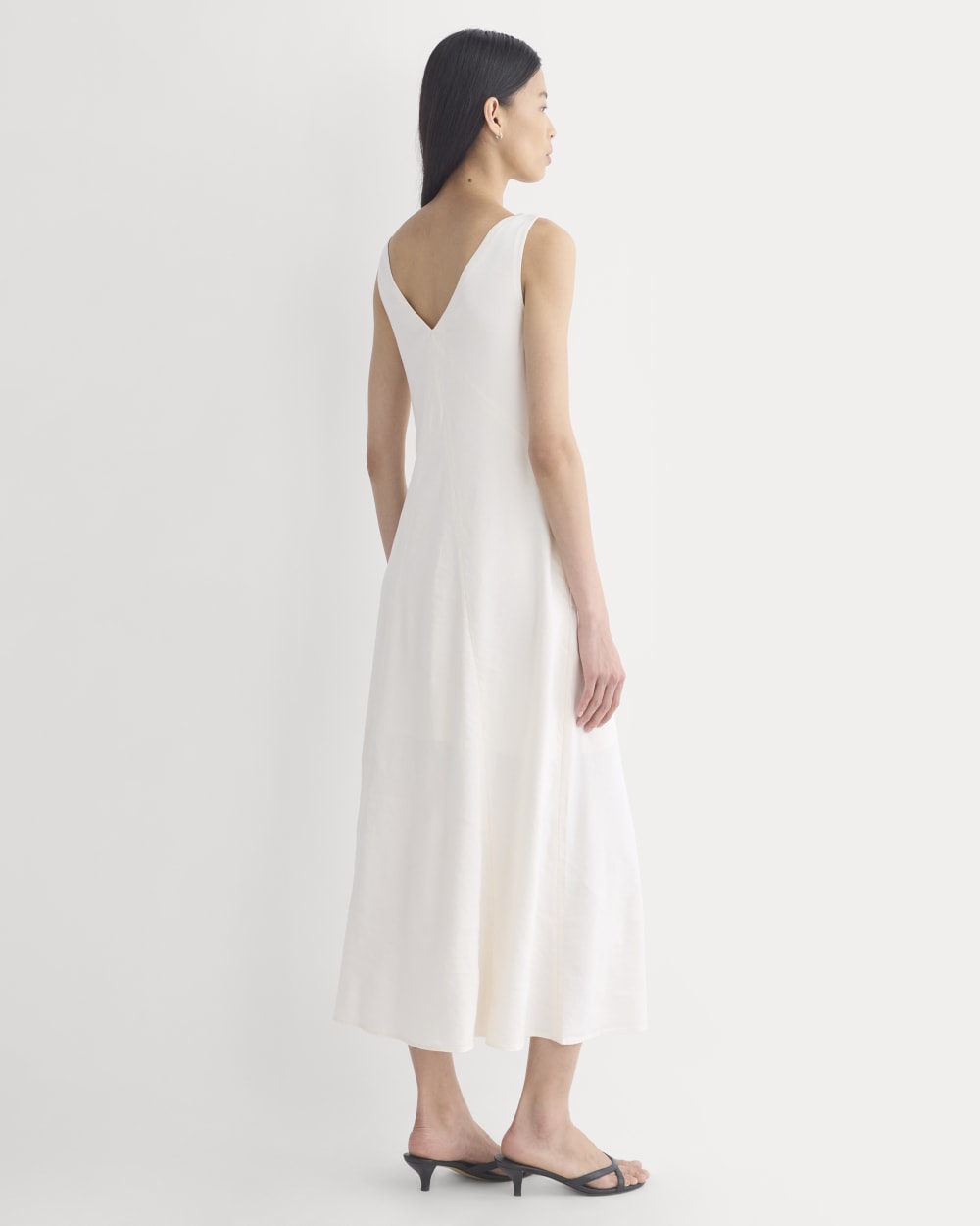 Deep V Seamed Dress in Stretch Linen in Bone — alternate view