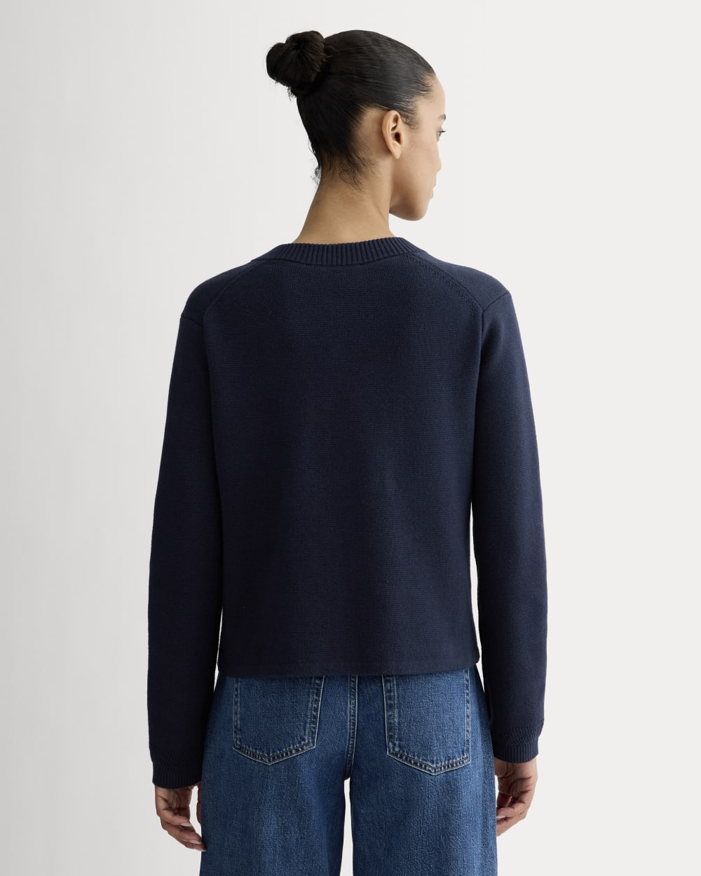 The Crew Cardigan in Everyday Cotton in Navy — detail view
