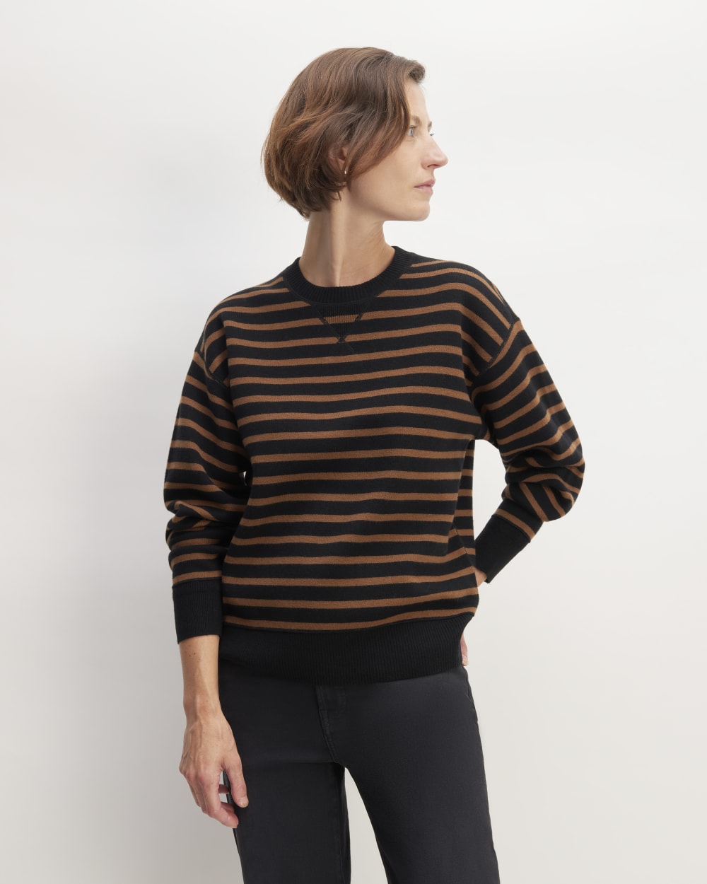 The Cotton-Merino Sweatshirt in Black / Dark Camel — front view