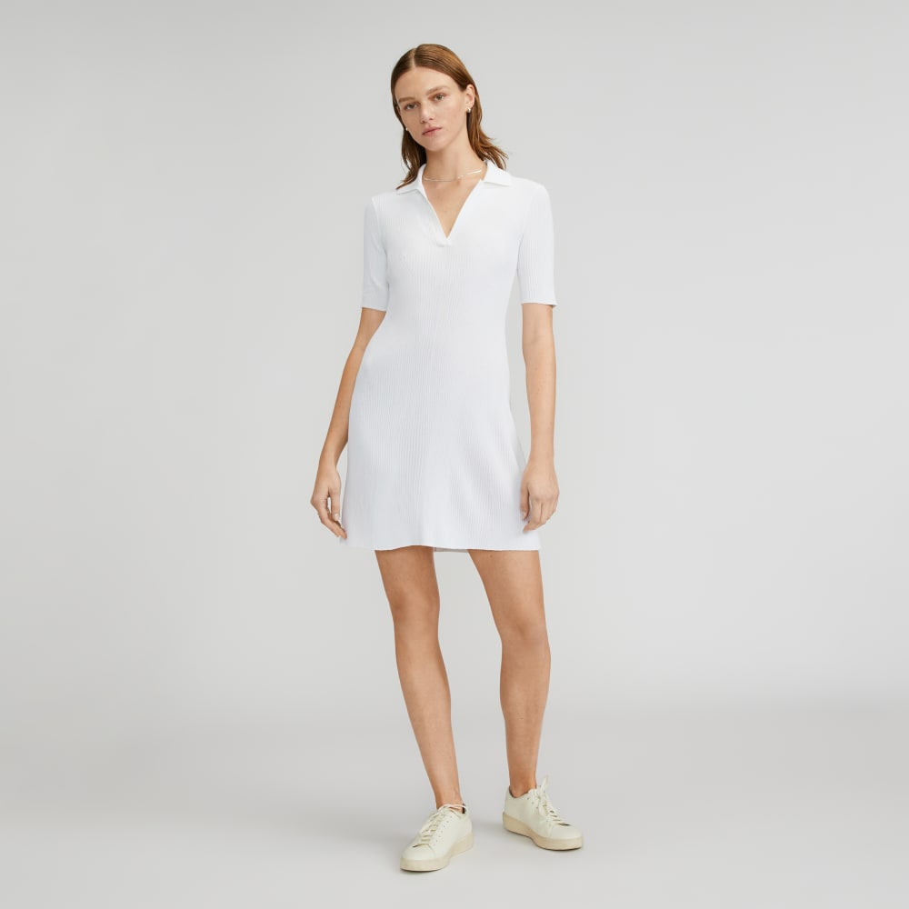The Ribbed Short-Sleeve Polo Dress in White — front view