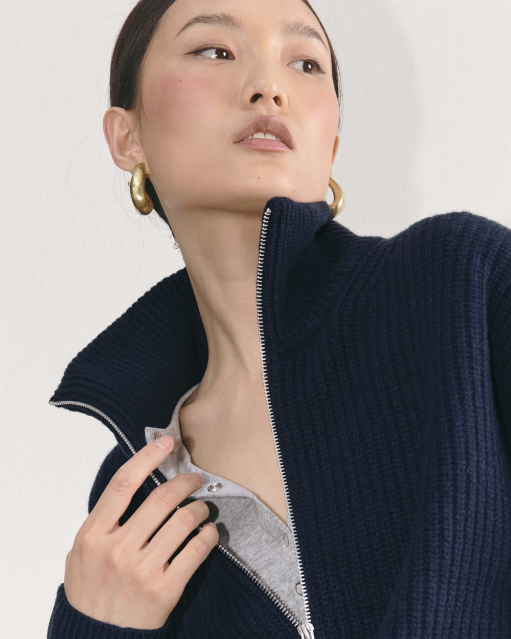 The Half-Zip Sweater in Luxe Merino in Navy — detail view
