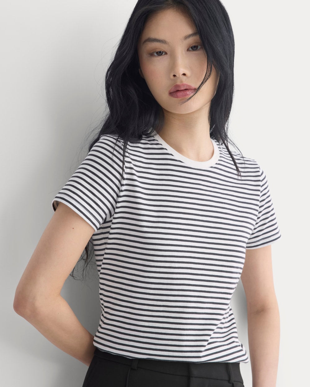 The Slim Crew in Essential Cotton in Bone / Pirate Black Stripe — front view