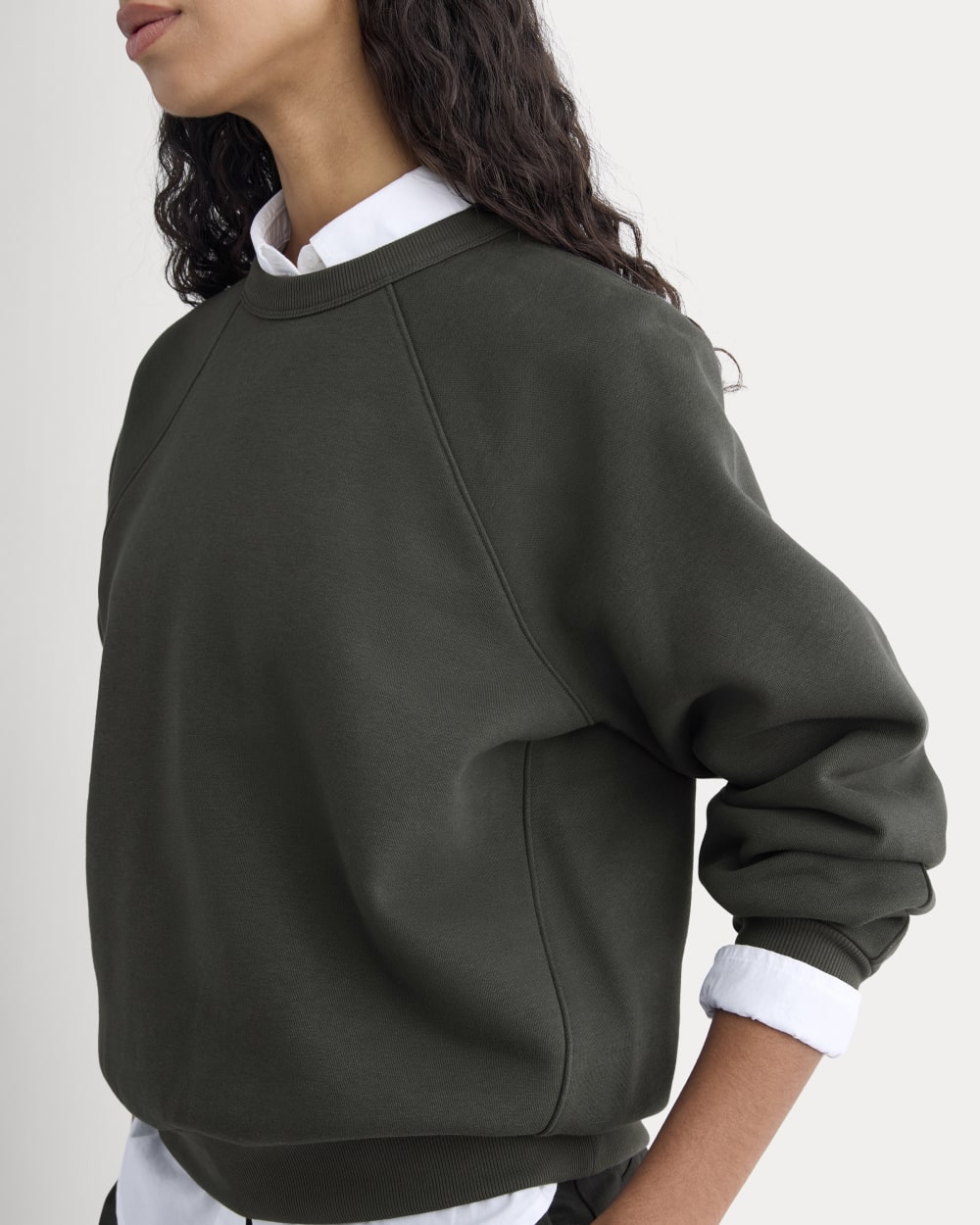 Luxe Fleece Raglan Crewneck in Washed Black — detail view