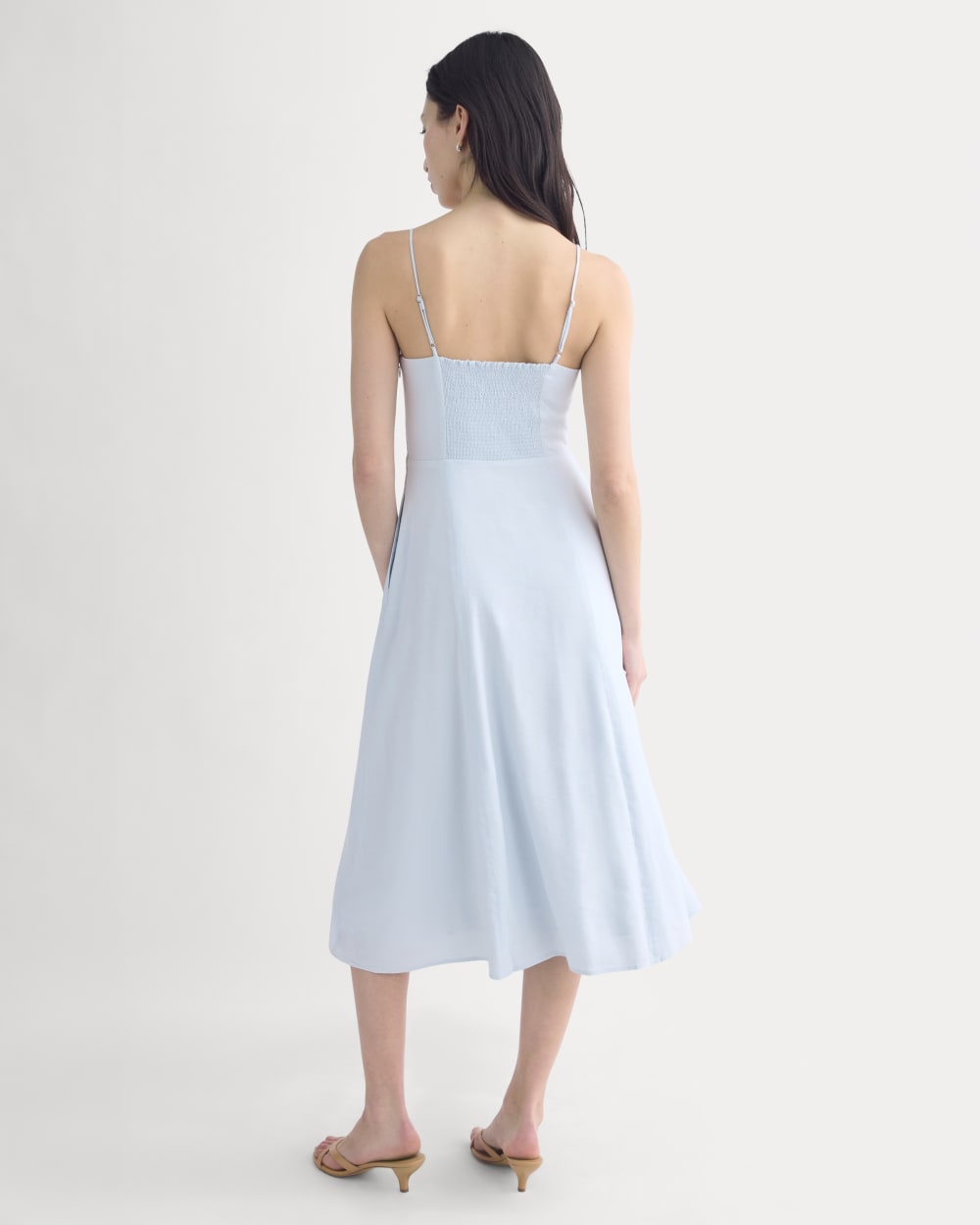 Tie-Neck Dress in Stretch Linen in Skywriting — detail view