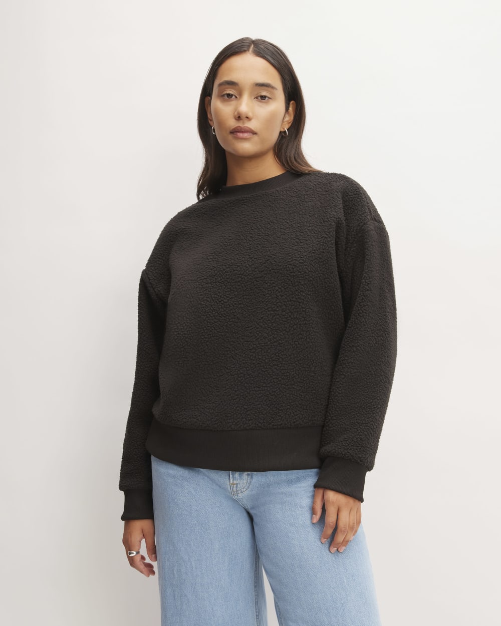 The ReNew Fleece Oversized Crew in Black — front view