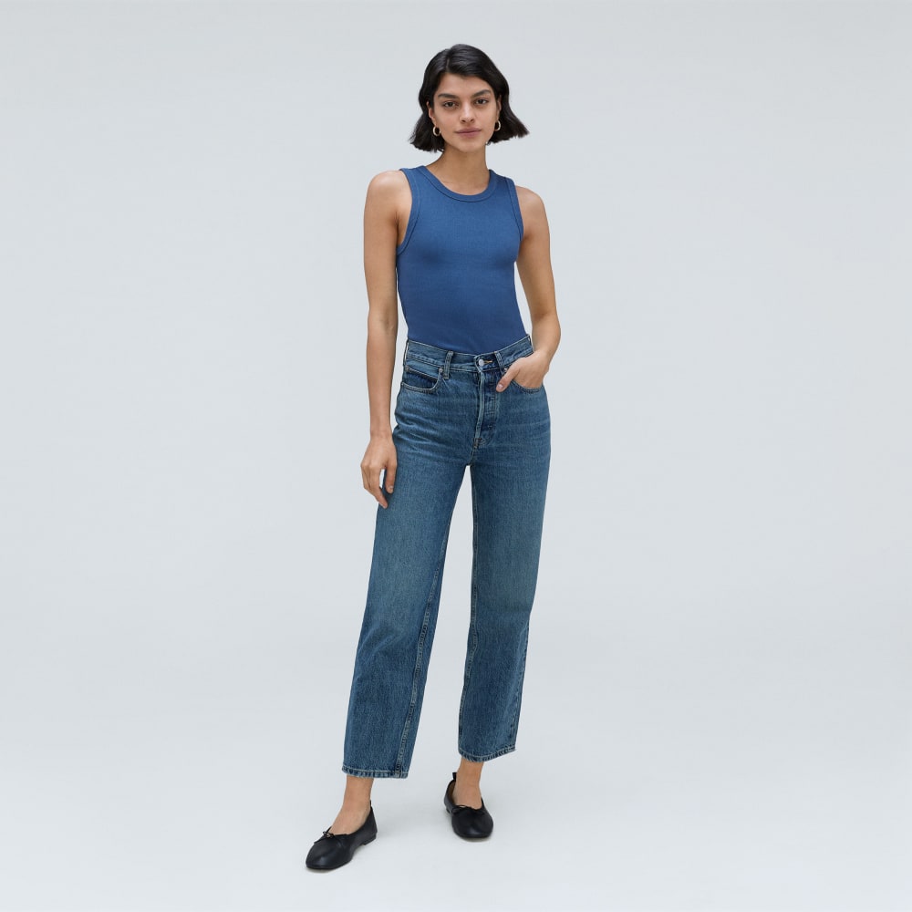 The Ribbed Cutout Tank in Deep Blue — detail view