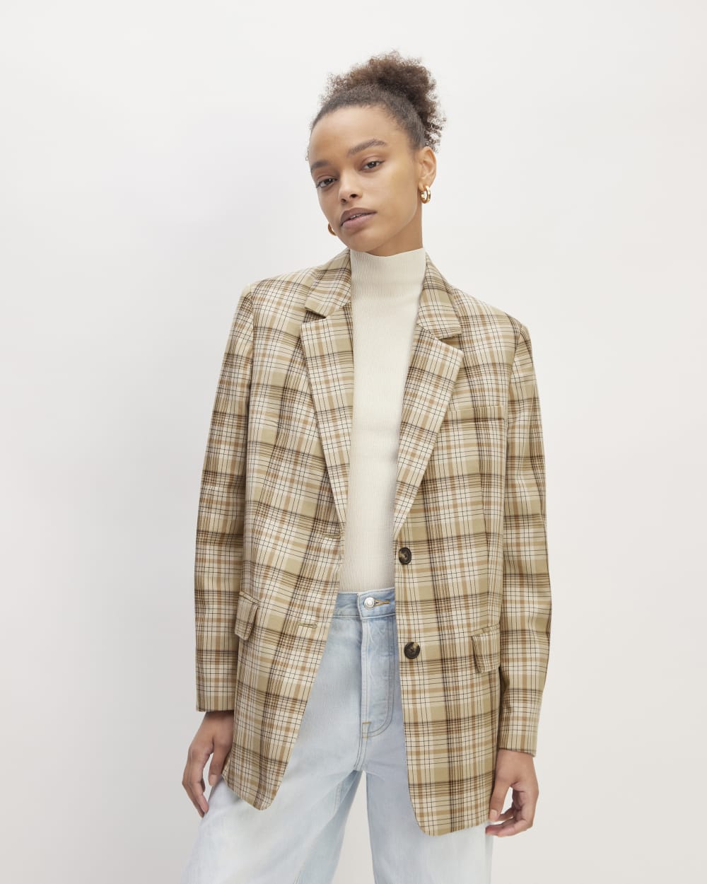 The Oversized Blazer in Buttersmooth in Pale Khaki Plaid — front view