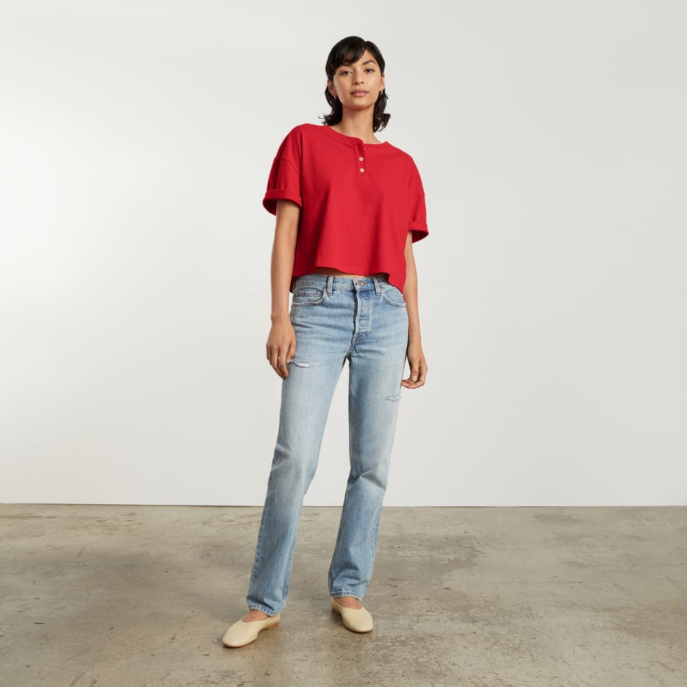 The Vintage Henley Hemp Tee in Goji Berry — detail view