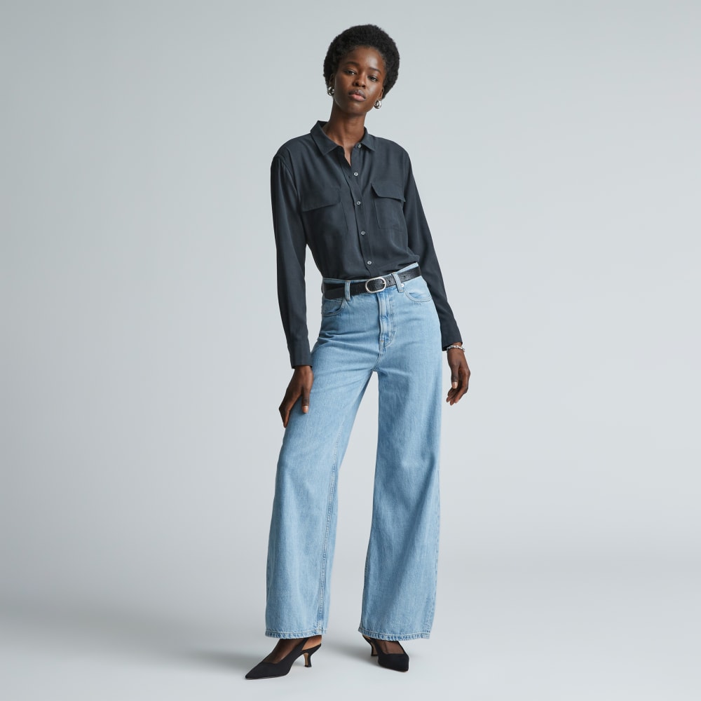 The Washable Silk Relaxed Shirt in Washed Black — detail view